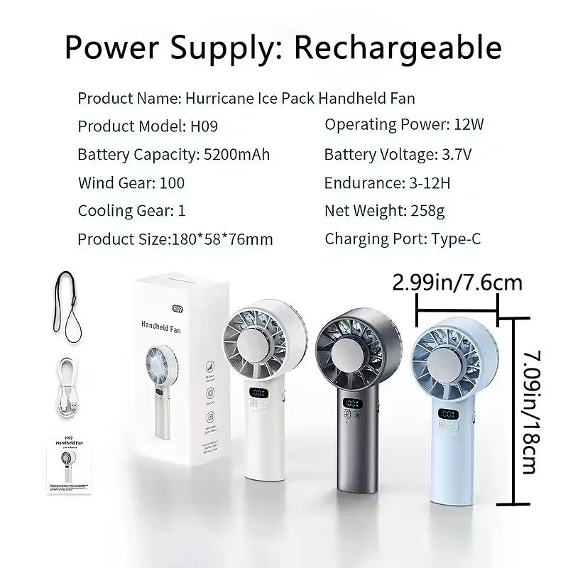 5200mAh Portable Mini Handheld Fan with LED Display Semiconductor Refrigeration 100 Speeds USB Rechargeable Battery Outdoor Fan