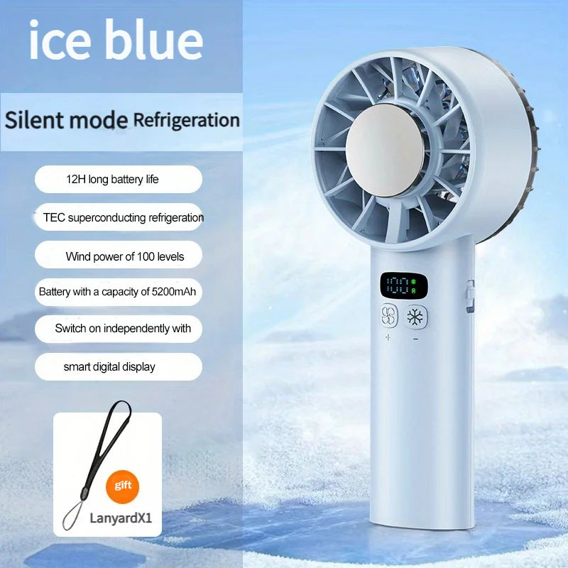 5200mAh Portable Mini Handheld Fan with LED Display Semiconductor Refrigeration 100 Speeds USB Rechargeable Battery Outdoor Fan